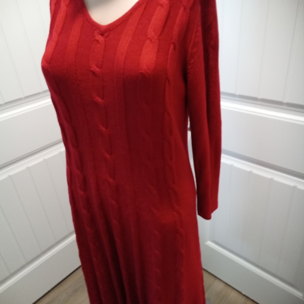 Kasper Size L Red Cable Knit Sweater V-Neck 3/4 Sleeve Midi Dress